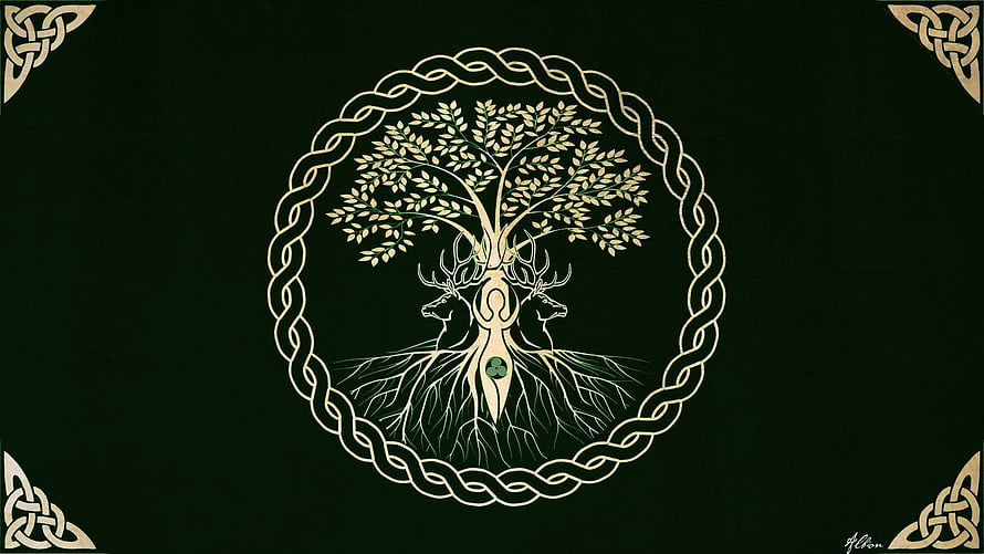 Celtic Tree of Life with Stag and Knotwork Border on Dark Green Background HD wallpaper