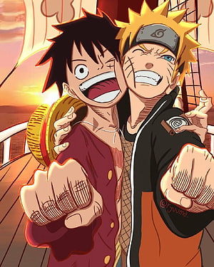 Luffy and Naruto Anime Crossover Illustration on a Ship Deck at Sunset HD phone wallpaper