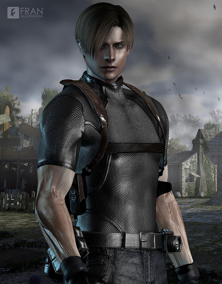 Leon Kennedy in tactical gear standing in a misty village from Resident Evil 4 HD phone wallpaper