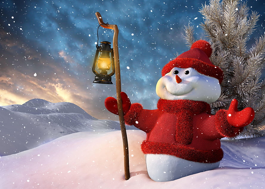 Cheerful Snowman in Red Knit Outfit Holding Glowing Lantern in Snowy Winter Landscape, Holidays, New Year, Snow, Snowman, Christmas, Smile, Lantern, Lamp, Christmas Tree HD wallpaper