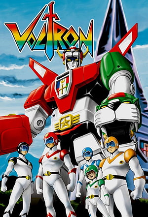 Voltron Defender of the Universe anime poster featuring the giant robot and five pilots in white suits HD phone wallpaper