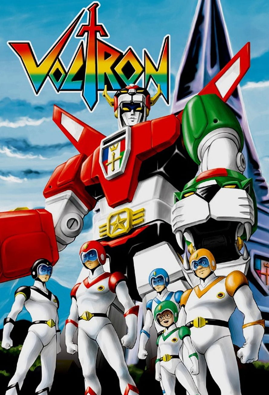 Voltron Defender of the Universe anime poster featuring the giant robot and five pilots in white suits HD phone wallpaper