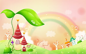 Whimsical Cartoon Village with Rainbow and Giant Leaf HD wallpaper