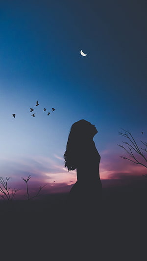 Silhouette of a Woman Gazing at a Crescent Moon During a Twilight Sky with Flying Birds, Alone Girl, Sad Girl HD phone wallpaper