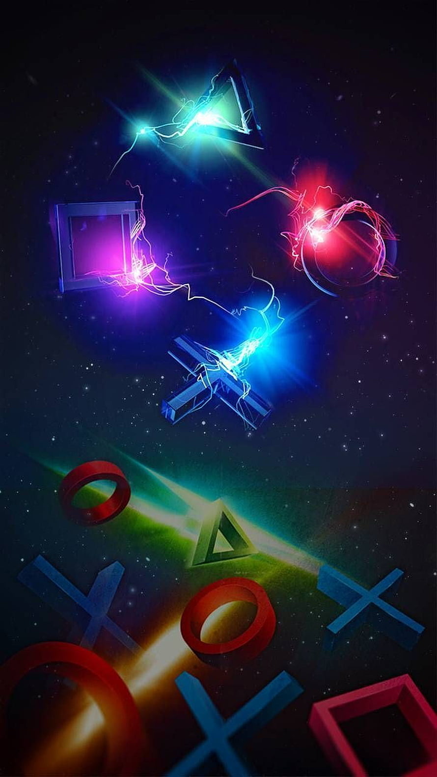 PlayStation 4 Neon Glowing Shapes Floating in Cosmic Space HD phone wallpaper