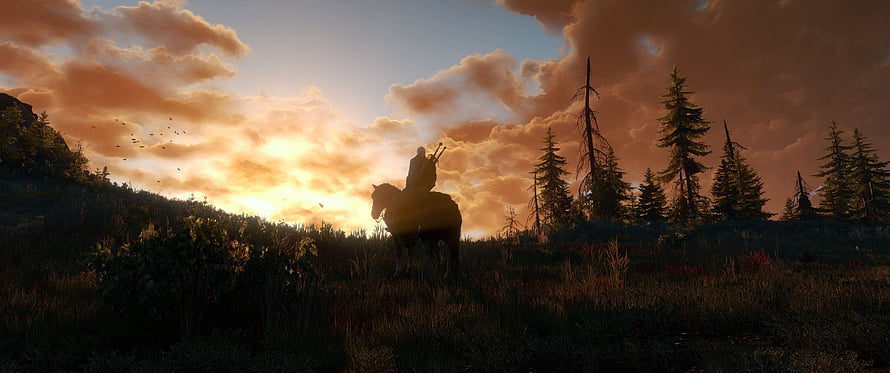 The Witcher Rider Silhouette at Sunset in a Misty Forest Landscape HD wallpaper