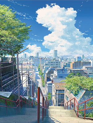 Your Name Anime Suga Shrine Staircase View Over Japanese City Skyline HD phone wallpaper