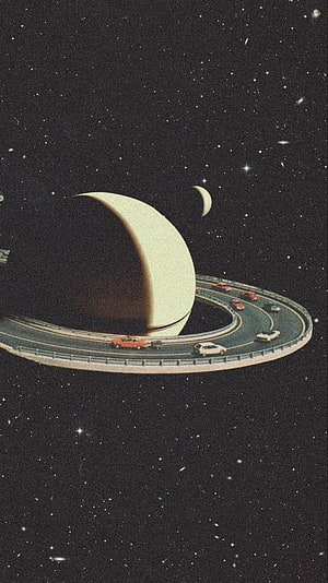Retro Sci-Fi Collage: Highway Orbiting a Giant Planet in Deep Space HD phone wallpaper