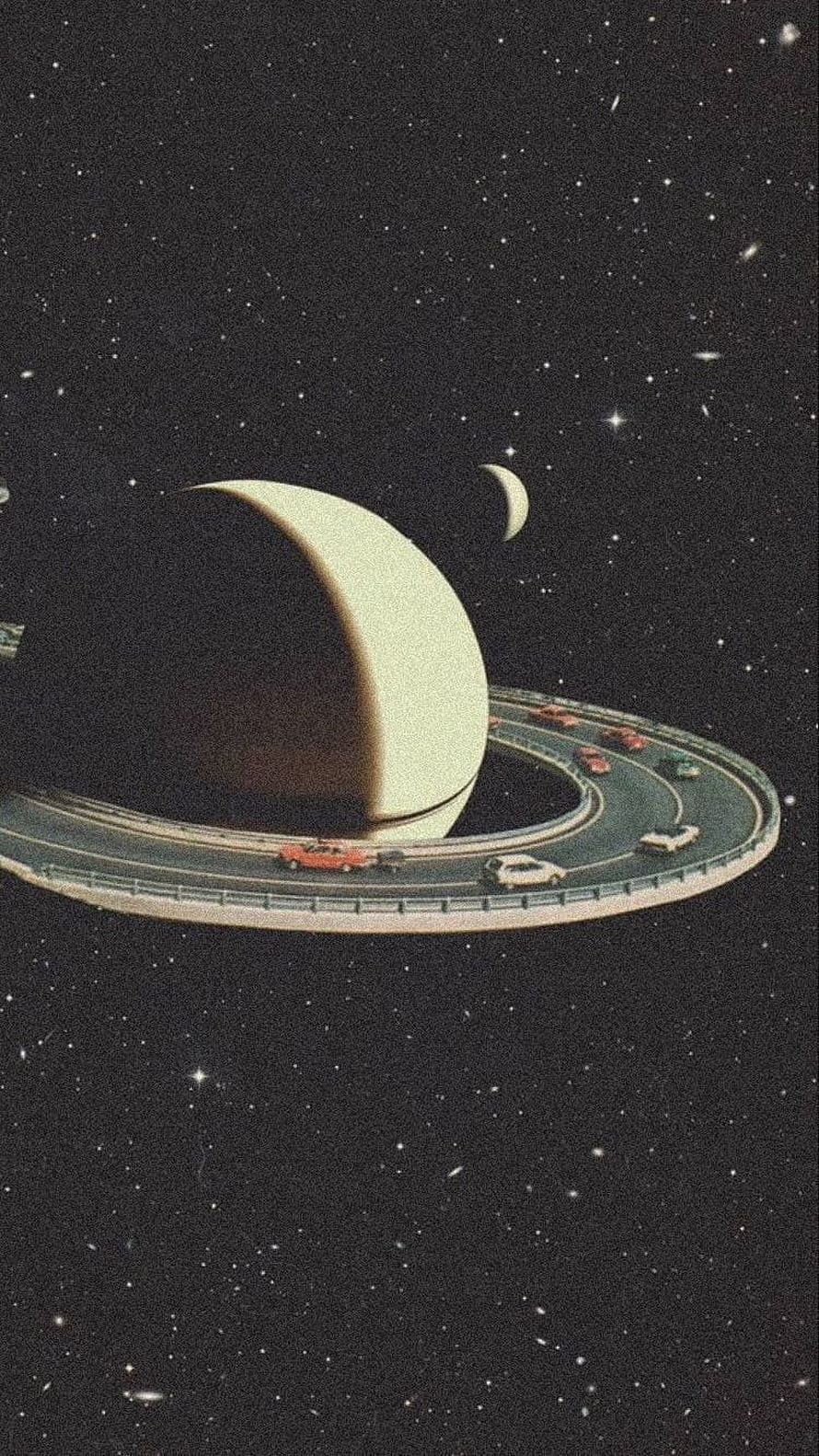 Retro Sci-Fi Collage: Highway Orbiting a Giant Planet in Deep Space HD phone wallpaper