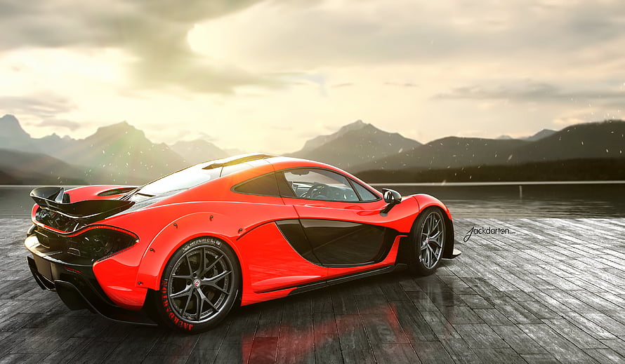 Red McLaren P1 Super Car Rear View on Wet Deck with Mountain Backdrop HD wallpaper