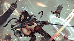 NieR Automata 2B wielding dual swords in dynamic combat against mechanical enemies HD wallpaper
