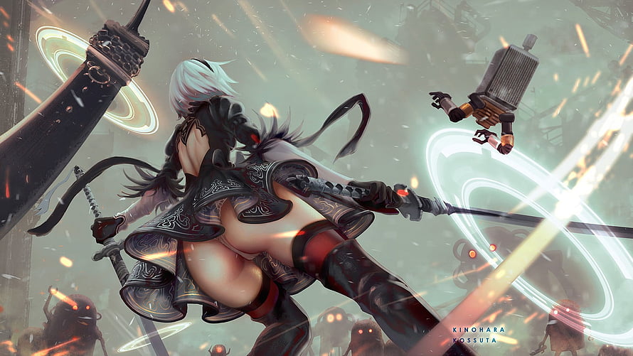 NieR Automata 2B wielding dual swords in dynamic combat against mechanical enemies HD wallpaper