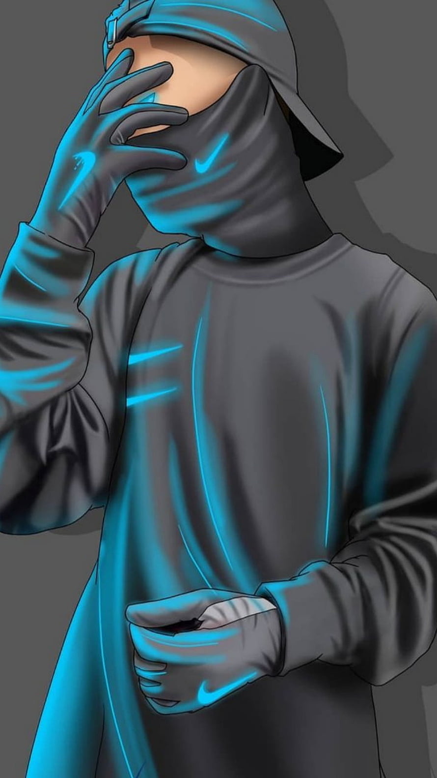 Digital Illustration of a Hooded Figure in Dark Streetwear with Cyan Neon Accents HD phone wallpaper