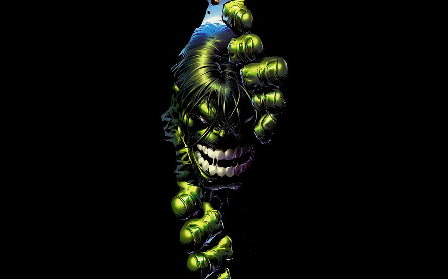 Hulk Comic Book Illustration with Green Skin and Intense Grin on Black Background HD wallpaper