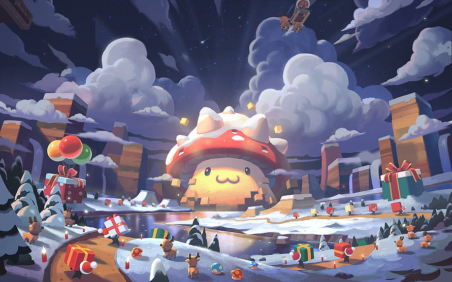 MapleStory 2 Winter Holiday Scene Featuring Giant Mushroom Character and Snowy Village HD wallpaper