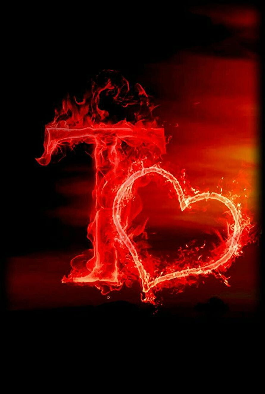 Flaming Letter T With Heart Design In Red Fire On Black Background HD phone wallpaper