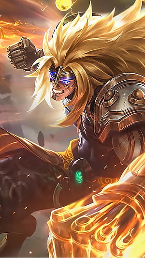 Badang Mobile Legends Warrior Skin with Golden Armor and Fiery Energy HD phone wallpaper