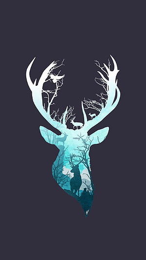 Double Exposure Deer Head with Forest Landscape and Birds in Cyan Tones HD phone wallpaper