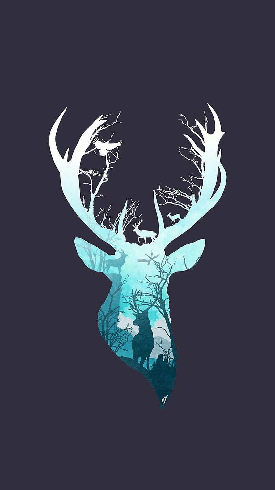 Double Exposure Deer Head with Forest Landscape and Birds in Cyan Tones HD phone wallpaper
