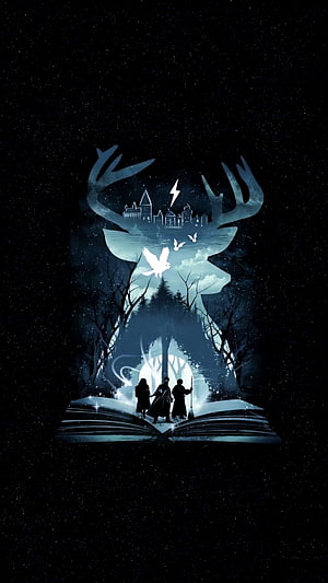 Harry Potter Fantasy Art: Hogwarts Castle and Forest Rising from an Open Book Under a Starry Night Sky HD phone wallpaper