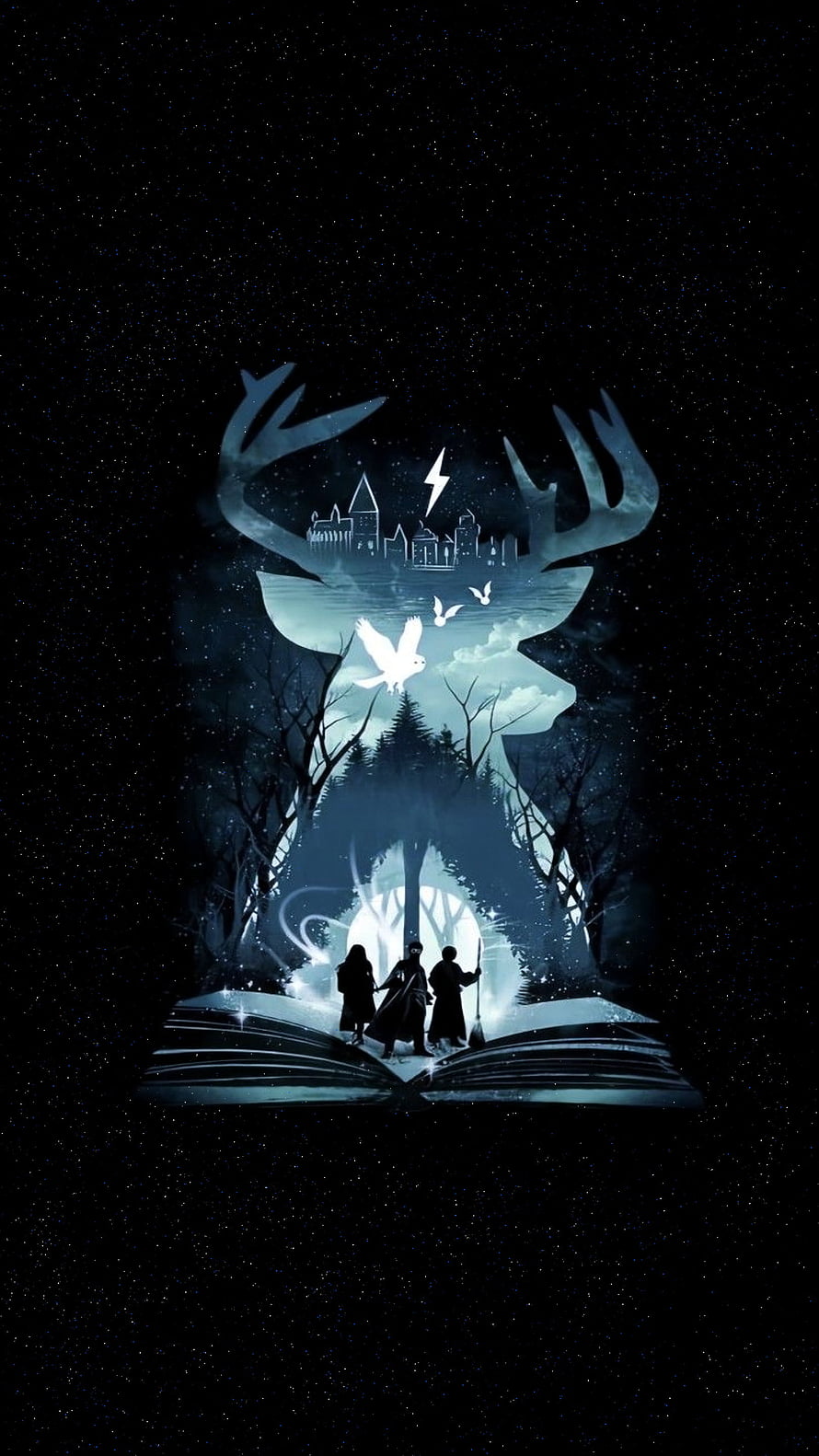 Harry Potter Fantasy Art: Hogwarts Castle and Forest Rising from an Open Book Under a Starry Night Sky HD phone wallpaper