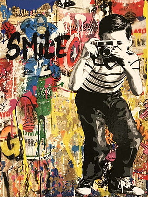 Mr Brainwash Street Art Mural Featuring Boy With Camera And Captain America HD phone wallpaper