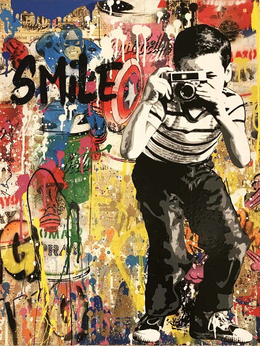 Mr Brainwash Street Art Mural Featuring Boy With Camera And Captain America HD phone wallpaper