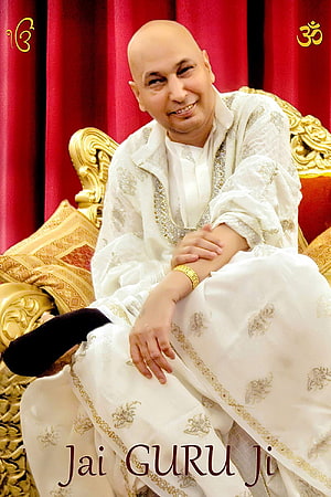 Jai Guru Ji Portrait in White Attire Seated on Ornate Golden Throne HD phone wallpaper