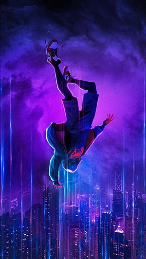Miles Morales Spider-Man Falling Through Neon Purple City Skyline HD phone wallpaper