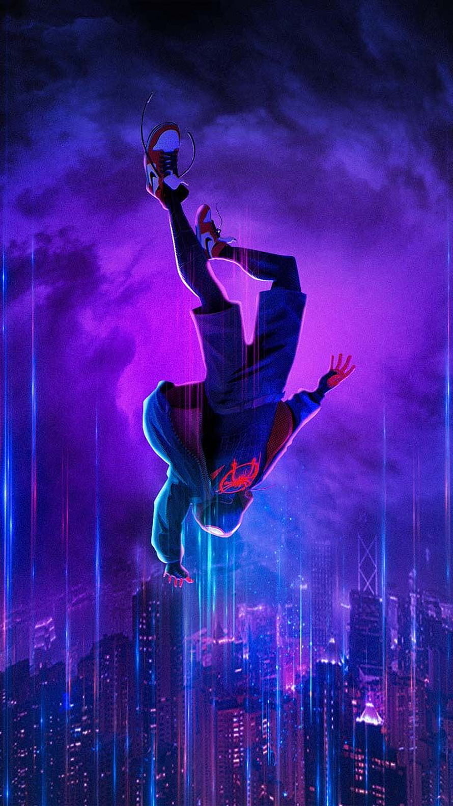 Miles Morales Spider-Man Falling Through Neon Purple City Skyline HD phone wallpaper