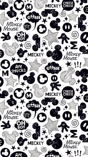 Mickey Mouse Black and White Pattern Wallpaper with Stars and Speech Bubbles HD phone wallpaper