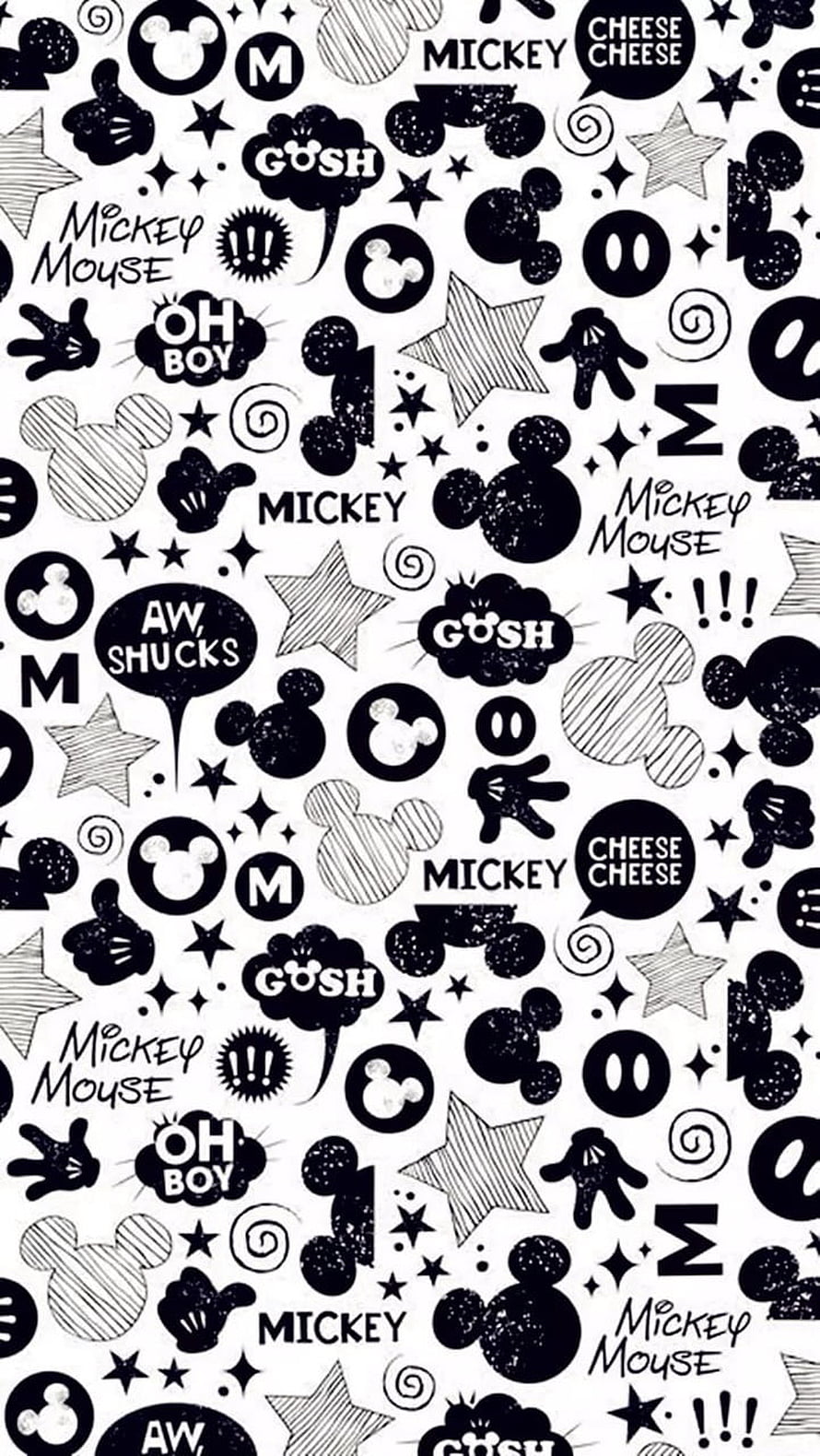 Mickey Mouse Black and White Pattern Wallpaper with Stars and Speech Bubbles HD phone wallpaper