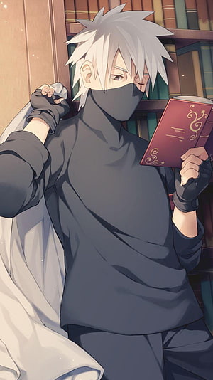 Kakashi Hatake Reading a Book in a Library with White Hair and Face Mask HD phone wallpaper