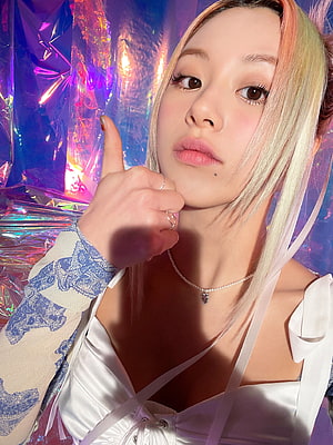 Chaeyoung from TWICE in a white satin top with holographic iridescent backdrop HD phone wallpaper