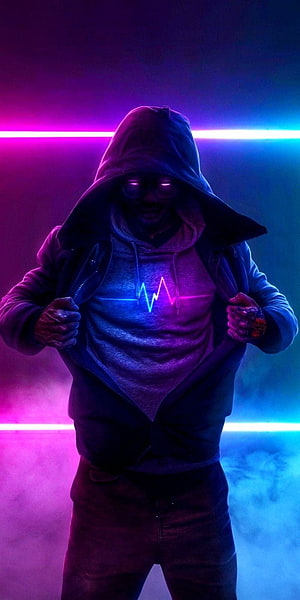 Mysterious Hooded Figure with Glowing Heartbeat and Neon Lights HD phone wallpaper