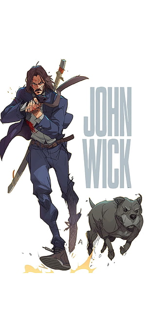 John Wick Anime Style Character Artwork with Pistol and Dog HD phone wallpaper