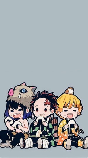 Chibi Demon Slayer Characters Eating Onigiri With Inosuke, Tanjiro, and Zenitsu HD phone wallpaper