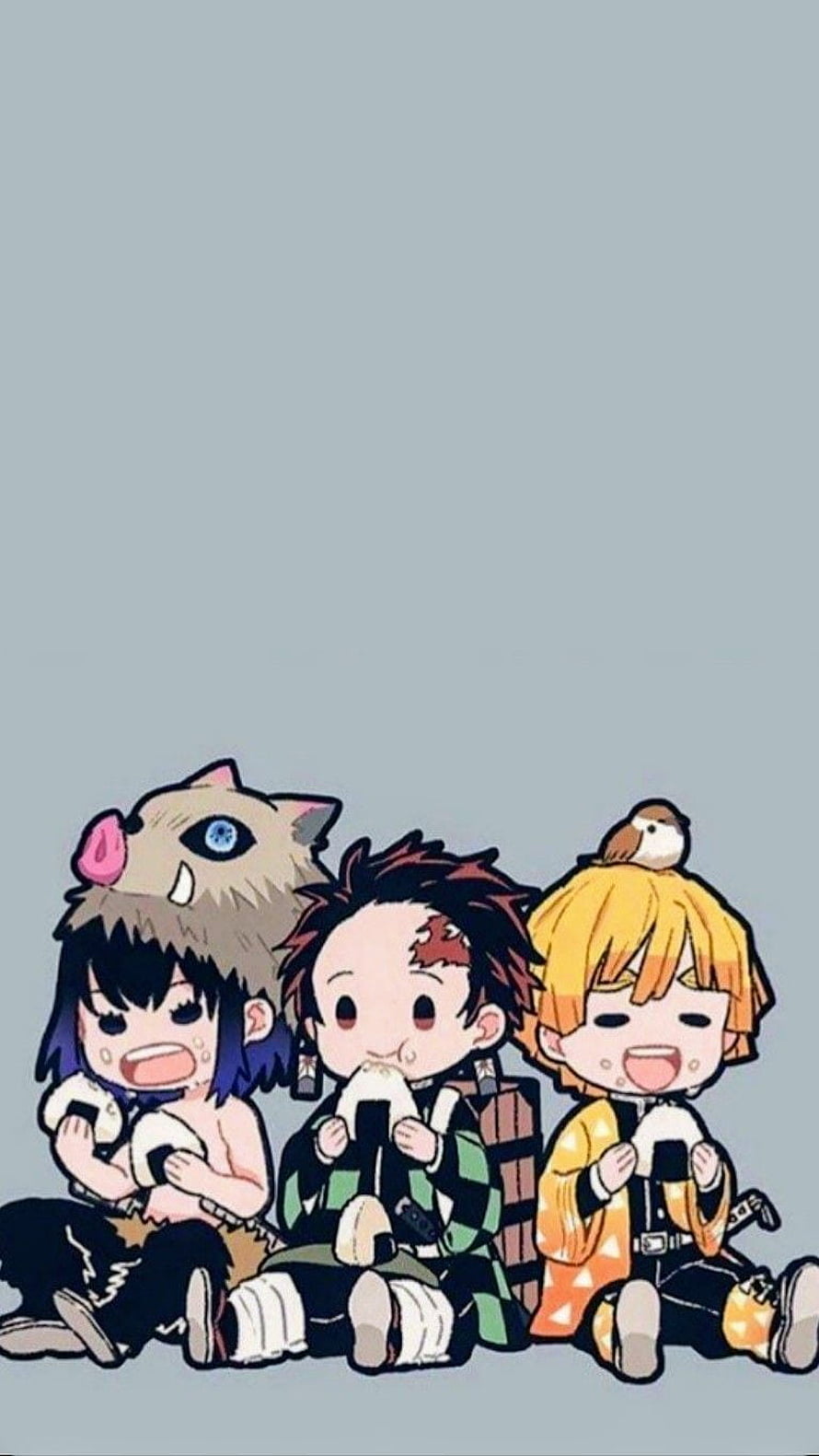 Chibi Demon Slayer Characters Eating Onigiri With Inosuke, Tanjiro, and Zenitsu HD phone wallpaper