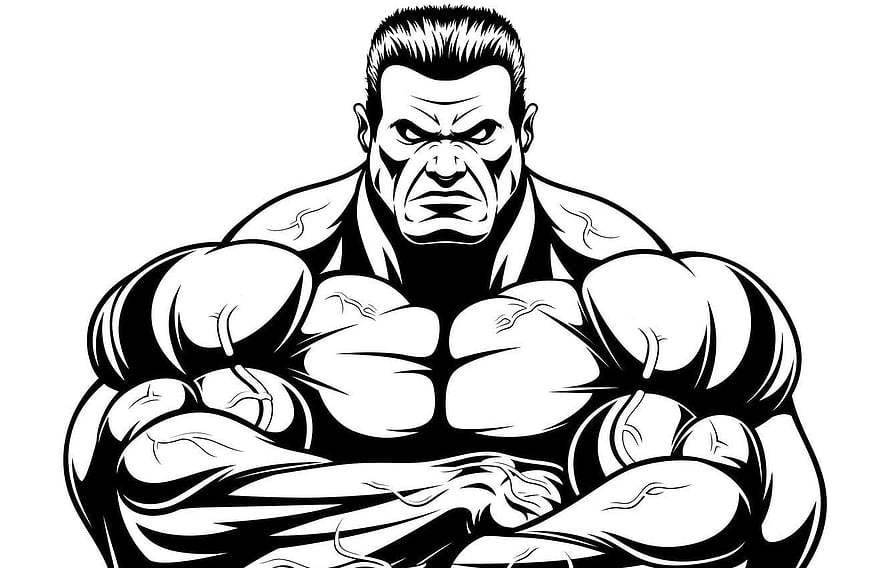 Black and White Cartoon Illustration of a Muscular Bodybuilder with Crossed Arms HD wallpaper
