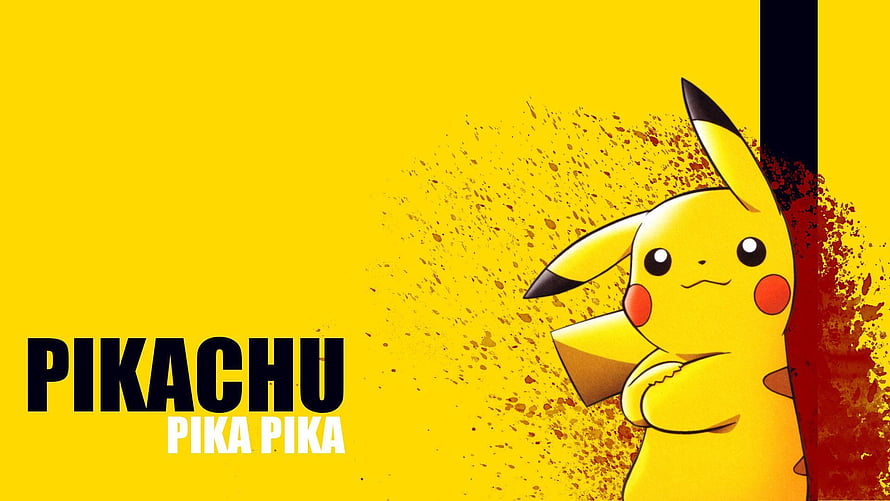 Pikachu Pika Pika Anime Character on Vibrant Yellow Background with Red Splatter Art HD wallpaper