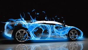 Sleek Sports Car Enveloped in Vibrant Blue Flames on Dark Background HD wallpaper