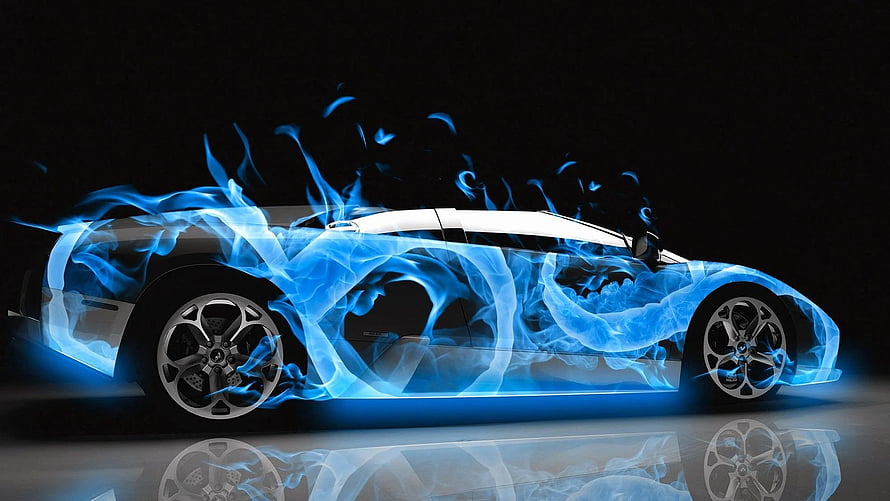 Sleek Sports Car Enveloped in Vibrant Blue Flames on Dark Background HD wallpaper