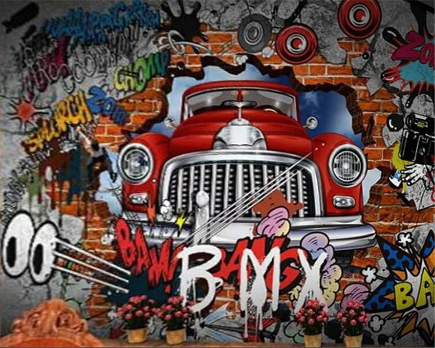 Retro Red Car Breaking Through Brick Wall Street Art Mural HD wallpaper