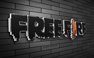 Garena Free Fire 3D Logo on Gray Brick Wall with Orange Flame Accent HD wallpaper