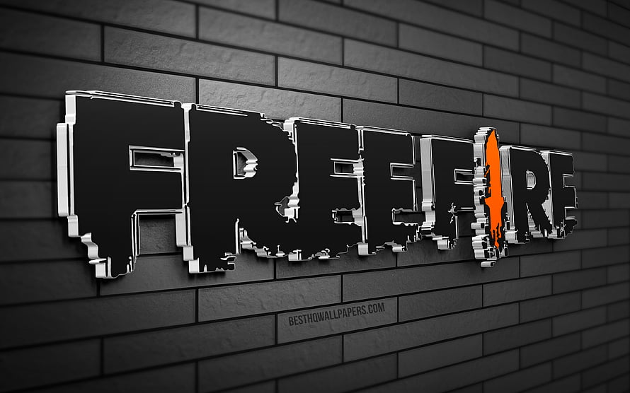 Garena Free Fire 3D Logo on Gray Brick Wall with Orange Flame Accent HD wallpaper