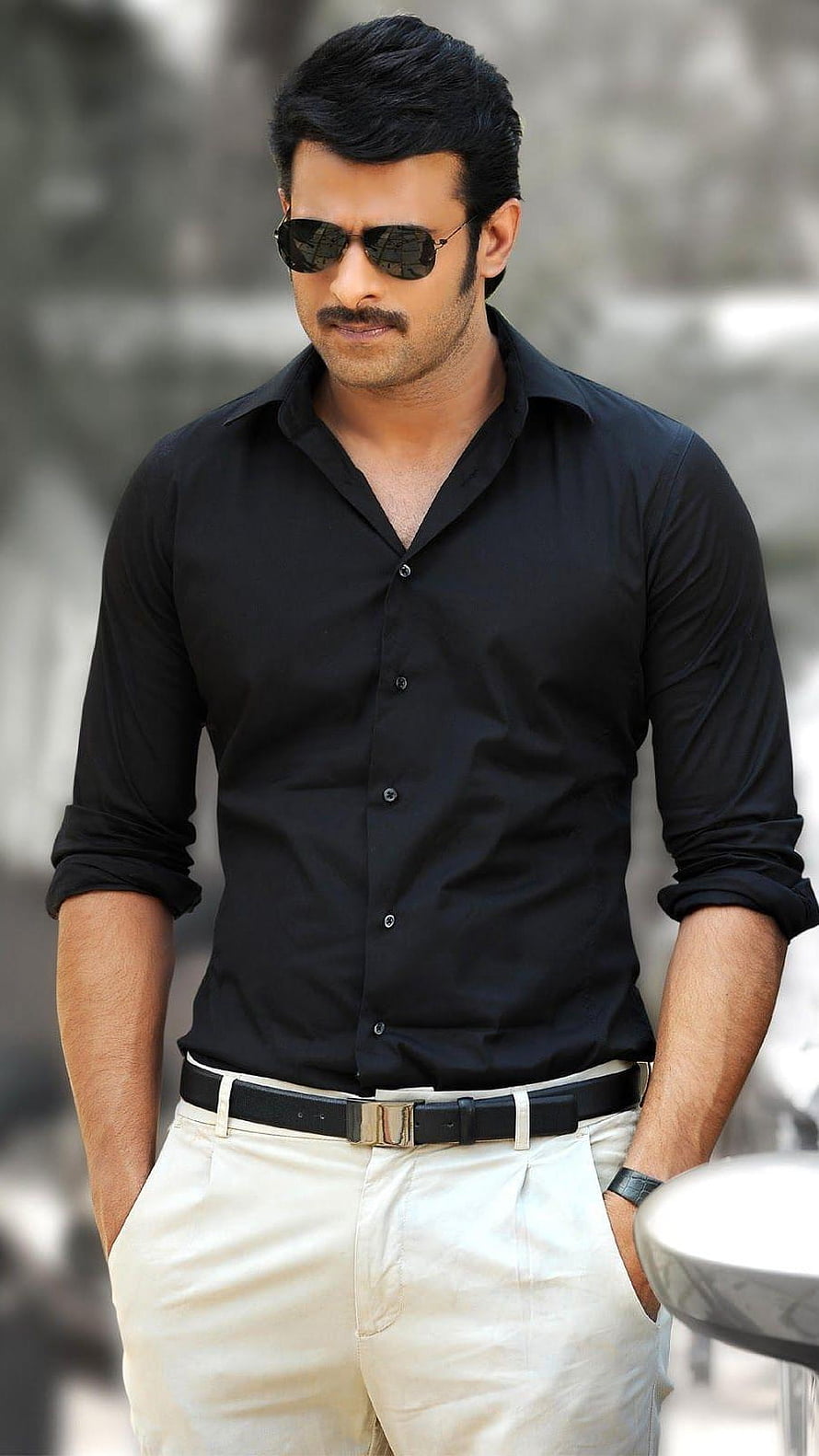 Prabhas in Black Shirt and Sunglasses with White Trousers HD phone wallpaper