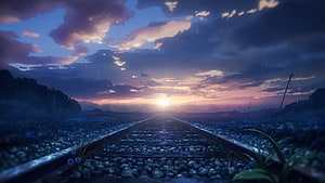 Eighty Six Anime Railway Tracks at Dusk with Dramatic Clouds and Sunset Glow HD wallpaper