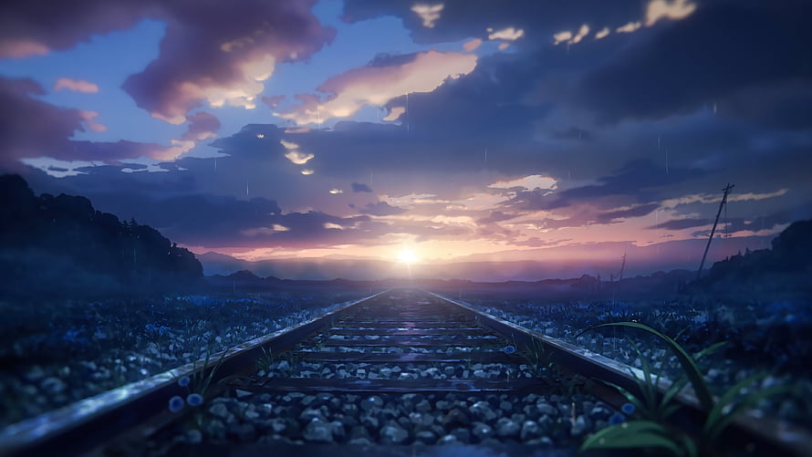 Eighty Six Anime Railway Tracks at Dusk with Dramatic Clouds and Sunset Glow HD wallpaper