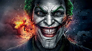 Joker Character Portrait With Green Hair And Fiery Explosion Background HD wallpaper