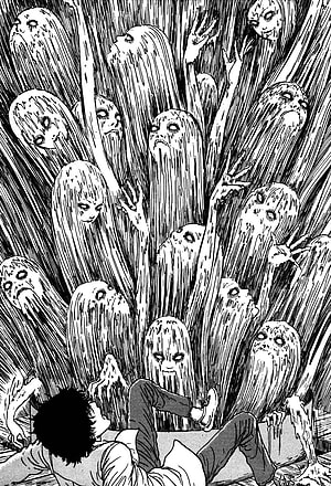 Junji Ito Manga Horror Scene with Ghostly Figures and a Fleeing Character HD phone wallpaper